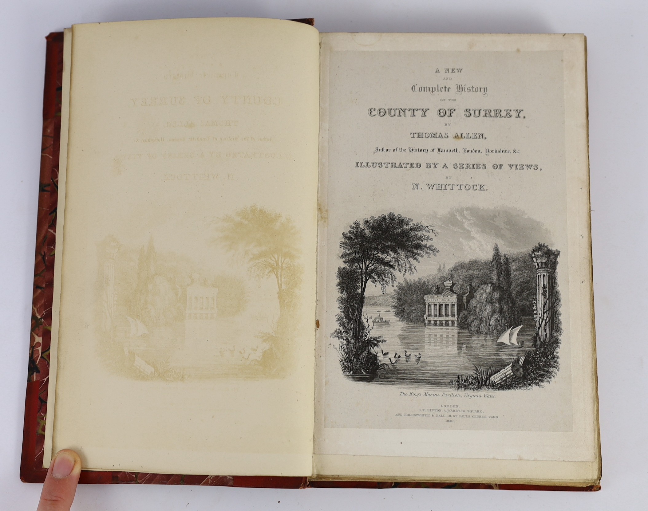 SURREY: Allen, Thomas - A History of the County of Surrey ... 2 vols. pictorial engraved and printed titles and num. plates; 19th cent. red half morocco and marbled boards, gilt tops and marbled e/ps, 4to. 1831. (2)